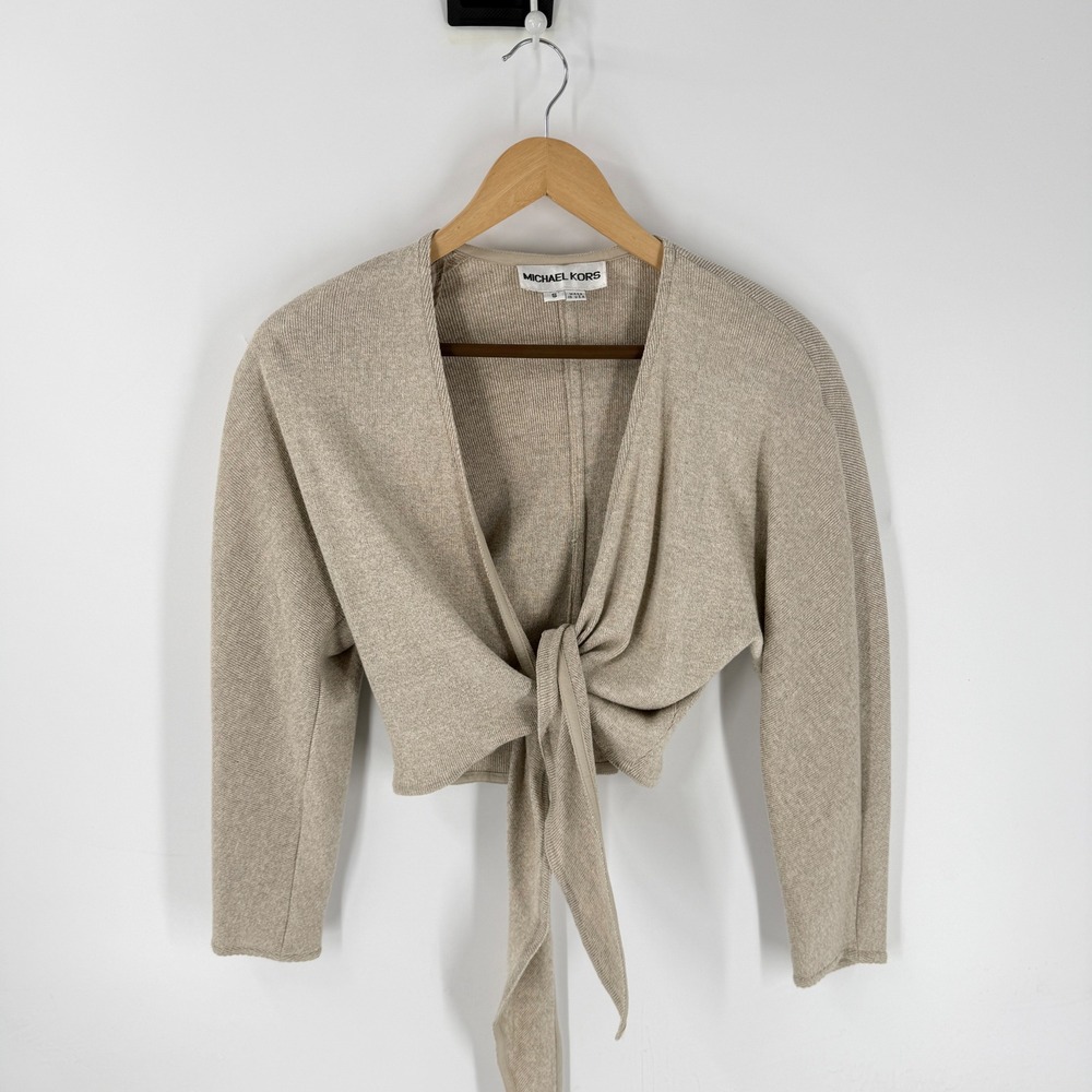 Vintage 90s Michael Kors Front Tie Cardigan Beige S Crop Ribbed Knit Sweater
